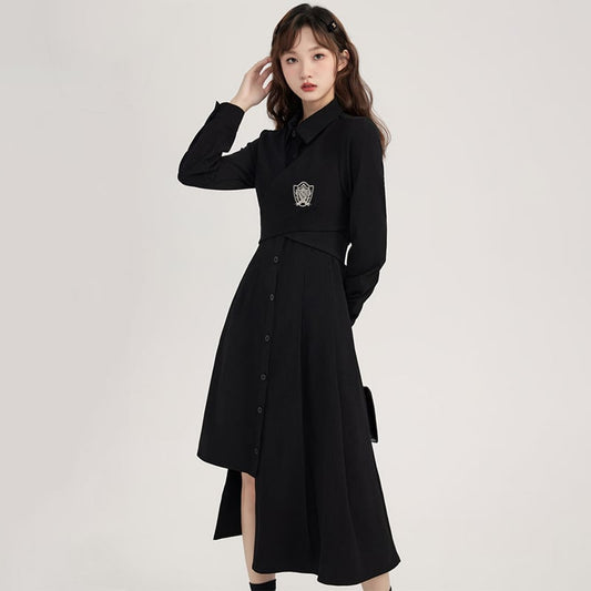 [Shojinsho Series] ★One Piece★ Irregular long sleeve dress Designed Cute Stylish Black Black