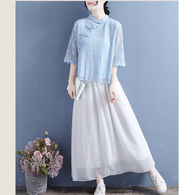 [Qing Series]★Chinese style shirt★ 4 colors lace Chinese clothes stand neck easy to match summer simple