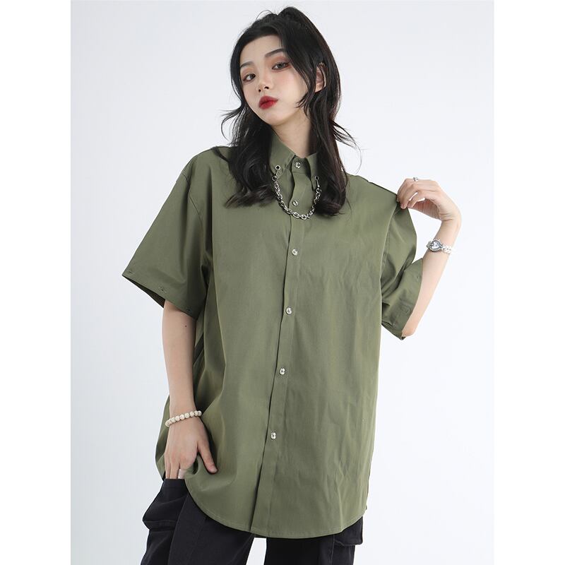 [Istudios Series]★Shirt with chain★ 2color tops long sleeve shirt short sleeve shirt unisex men's black green