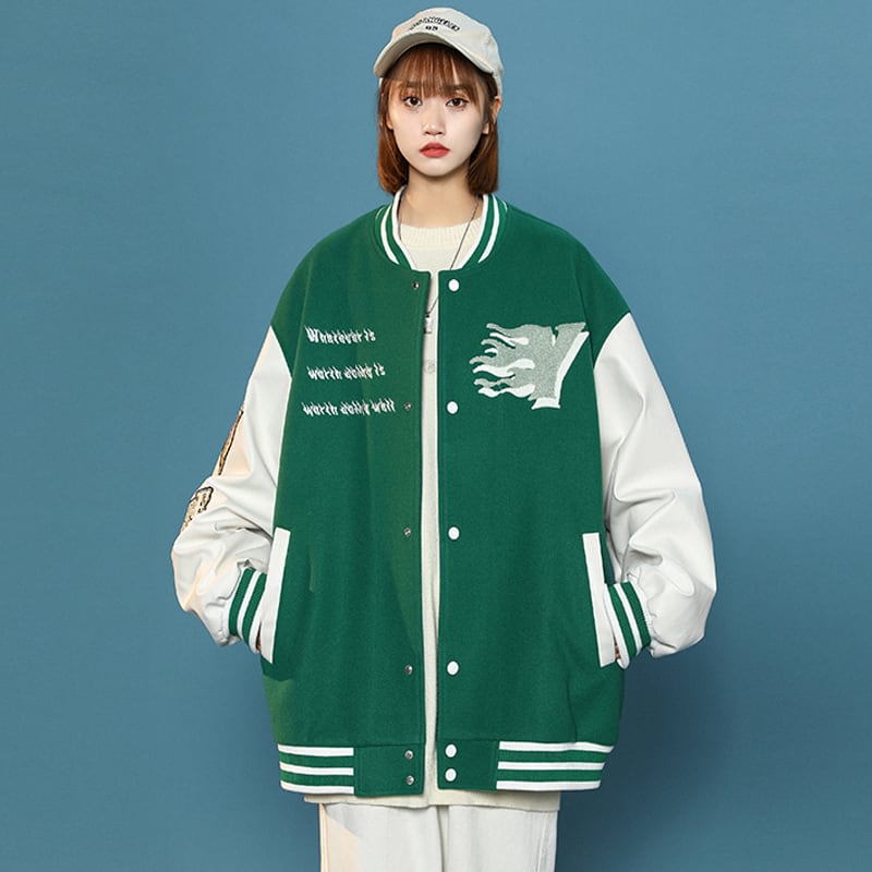 [Fujiman series] ★Jacket★ 3color outerwear stadium jacket unisex men's black green blue color scheme ML XL 2XL