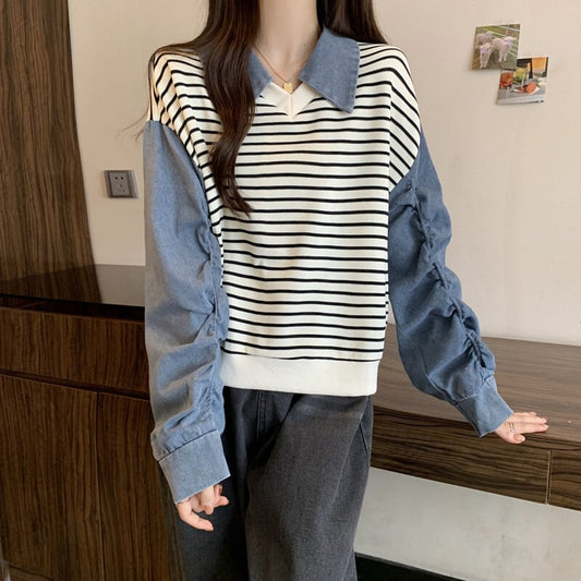 [DUOBAO series]★POLO shirt★ 2color tops, long sleeves, fake layered, slimming, large size, horizontal stripes, striped pattern