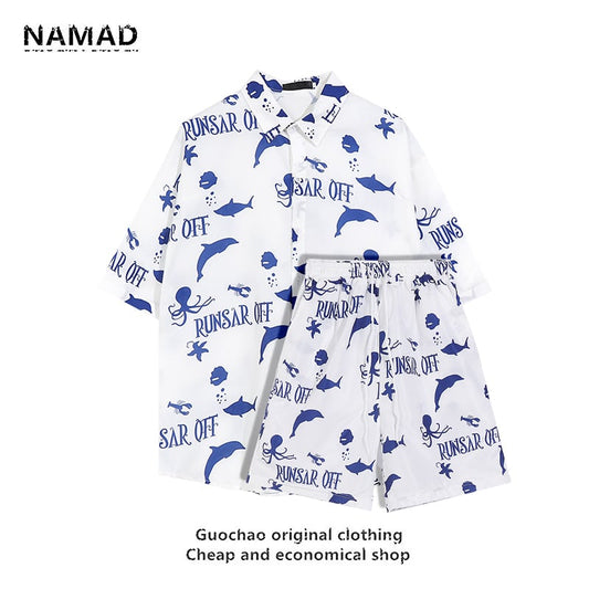 [NAMAD Series]★Setup★ 2-piece set Hawaii Aloha shirt Shirt + shorts Unisex Men's Cartoon White