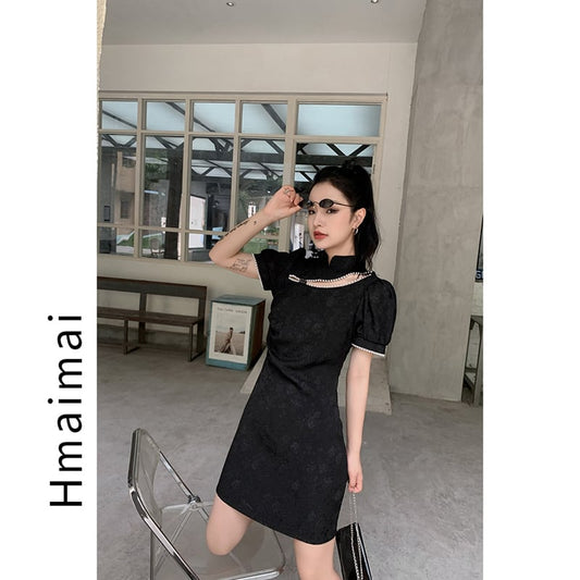 [Hmaimai Series] ★China style dress★ Sexy short sleeve short length cheongsam dress slimming black