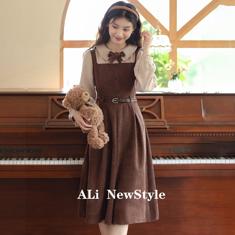 [Ali Series] ★One Piece★ Women's Faux Layered Ribbon Switching Color Scheme Commuting Easy to Match