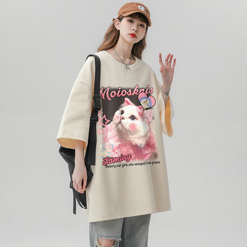 [SENSU Series]★T-shirt★ 3color Tops Unisex Men's Summer Clothes Short Sleeve T-shirt Cat Beige White Black