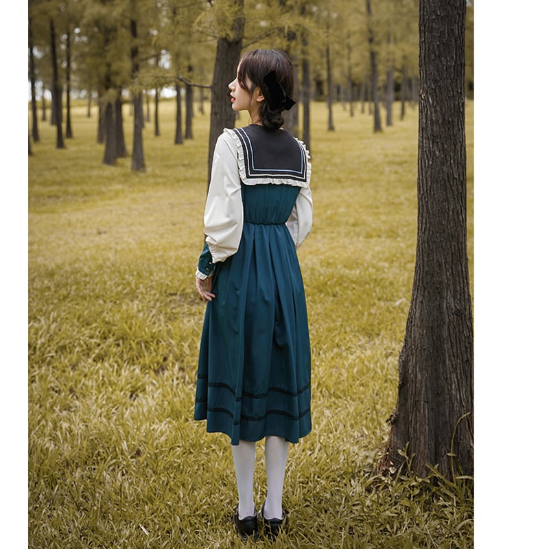 [Shokensho Series] ★Long dress★ JK style sailor uniform color scheme cute Lolita clothes retro blue blue