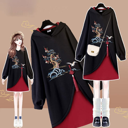 [Silk Series] ★Chinese style hoodie★ Fleece lining hoodie dress Chinese clothing embroidery large size black black