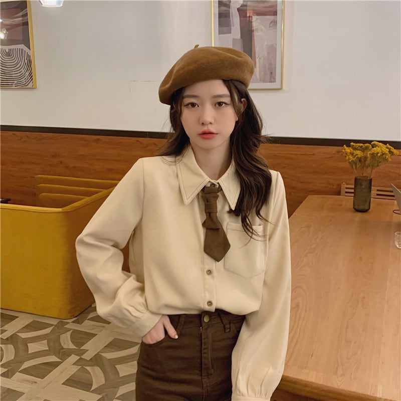 [Koshinke Series]★Shirt with tie★ Tops 3 colors Cute Easy to match Beige Light brown Pink