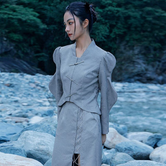 [Big Blue Dragon Series] ★China style outerwear★ Mini length with design Original Gray Gray Improves temperament