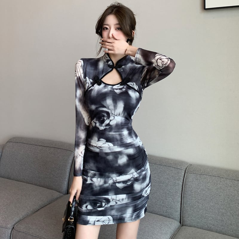 [Eighteen Impressions Series]★Cheongsam dress★ Slimming sexy SML short length retro ink pattern dress