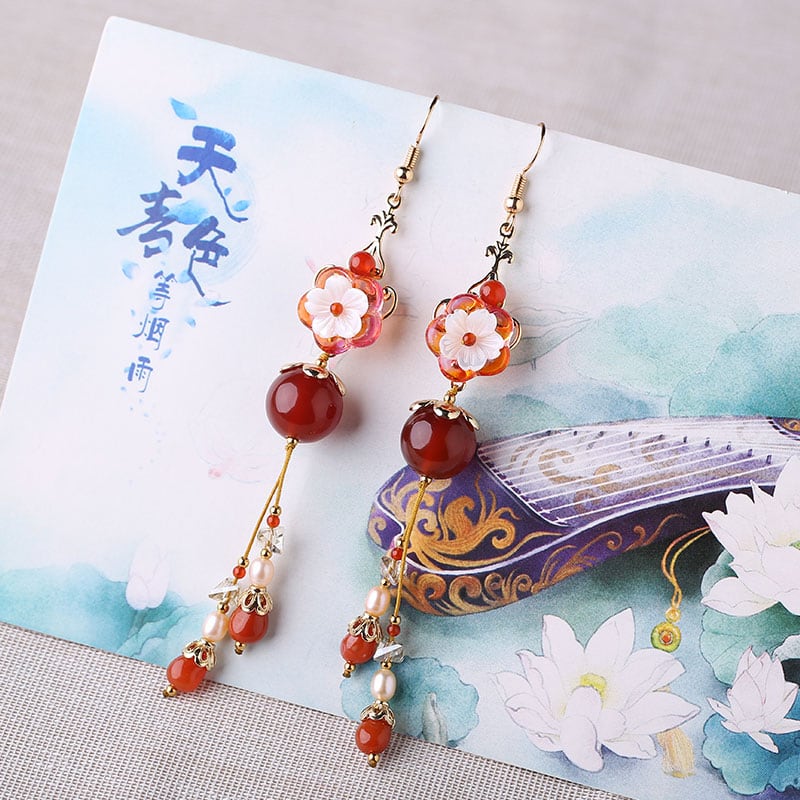 [Smoke Rain Gangnam Series] ★China style earrings★ Pair earrings or earrings accessories floral pattern red red fringe