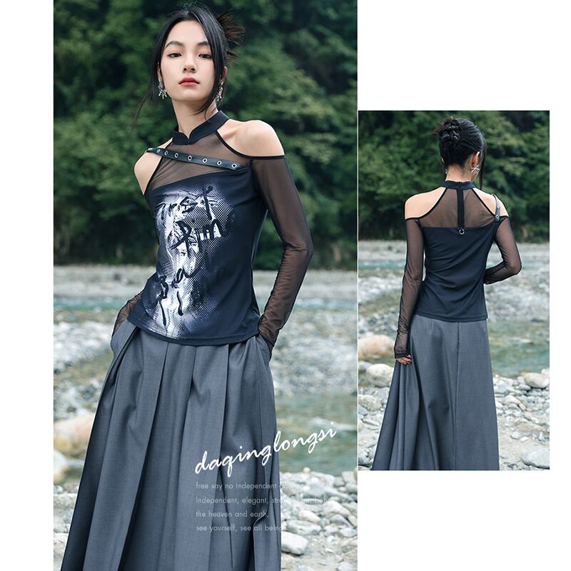 [Big Blue Dragon Series] ★China style T-shirt★ Tops, off-the-shoulder, black, slimming, stylish, easy to match