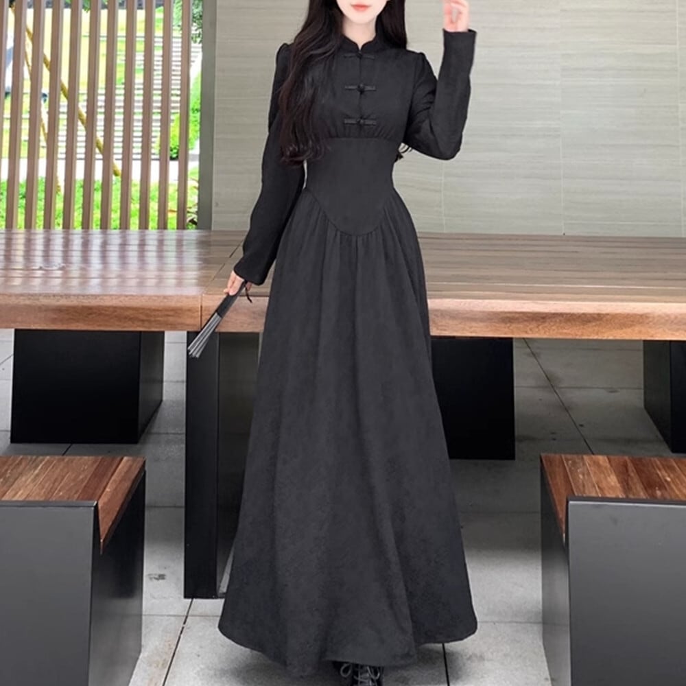 [Dong Xiaojie Series] ★China style dress★ Long length, large size, slimming, black, black