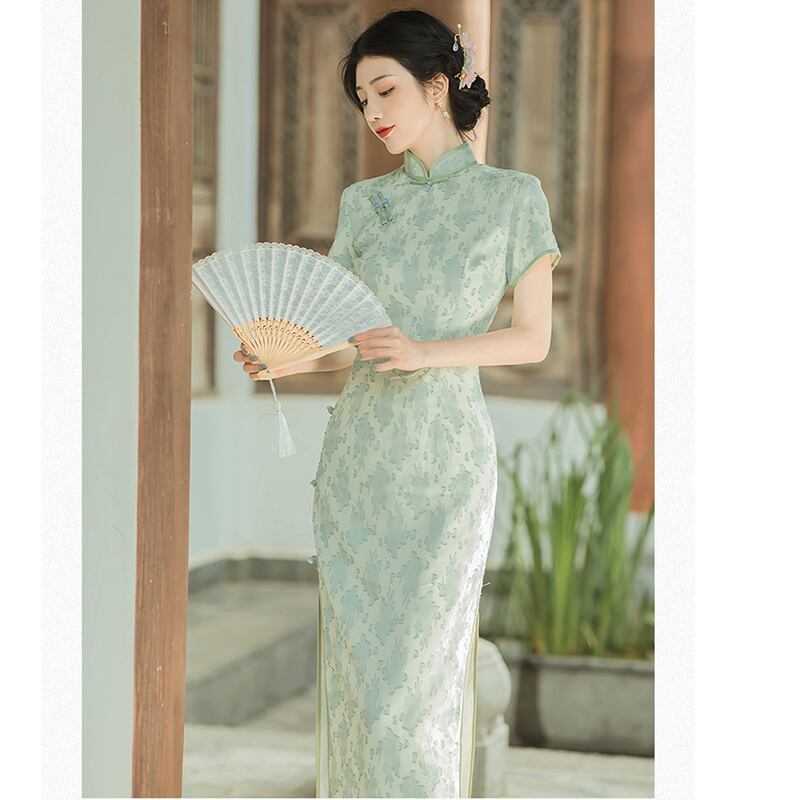 [Queen Series] ★China-style dress★ Improved cheongsam dress Improves temperament Short sleeves Green Green S M L XL