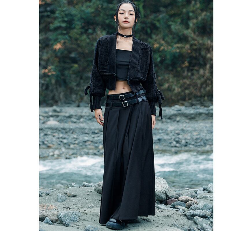 [Big Blue Dragon Series] ★China style skirt★ Bottoms with belt, black, high-looking, slimming, improving temperament