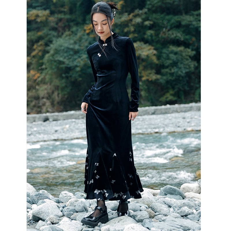 [Da Qinglong Shu Series] ★China-style dress★ Improved cheongsam dress, velvet, slimming, long length, black, black