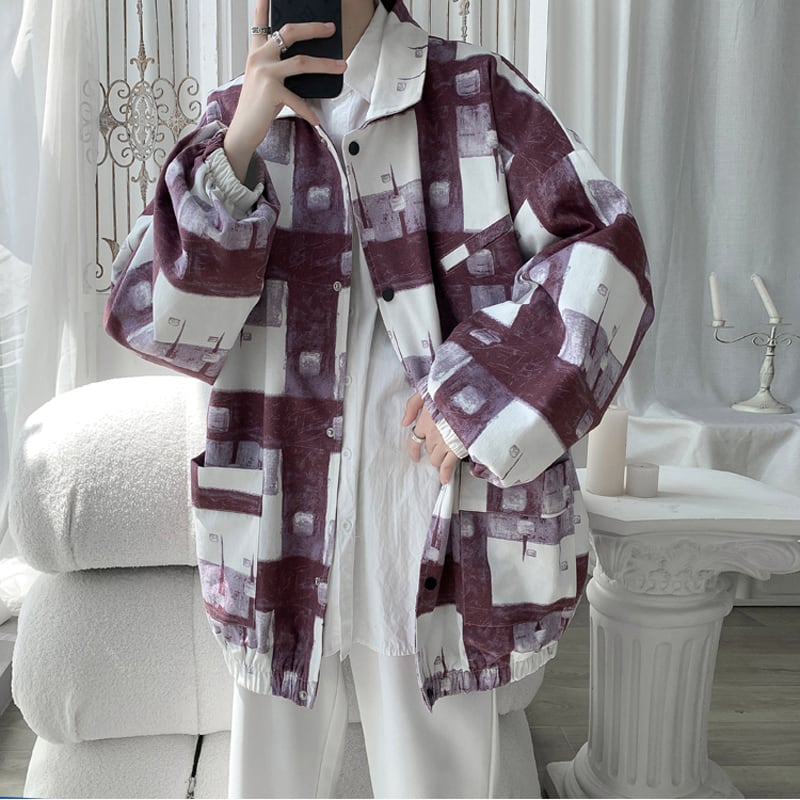 [Hyakuyakuge series] ★Jacket★ 3color outerwear unisex men's plaid pattern brown gray wine red