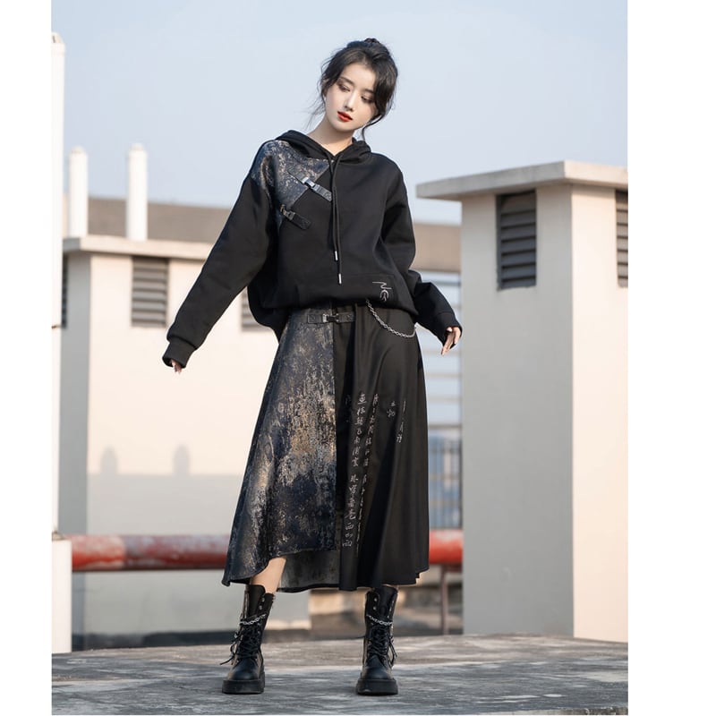 [Kyodo Series]★China style skirt★Bottoms Unisex Men's Switching Text Pattern Black Black Slit