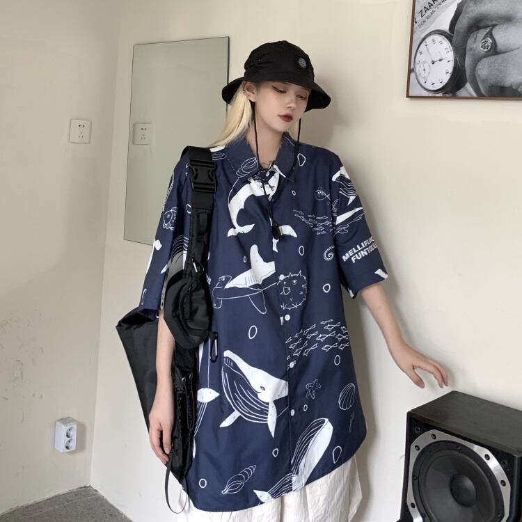 [ZENGDASHEN Series]★Shirt★ Tops 2color Unisex Men's Animal Pattern Shark Sea White Blue