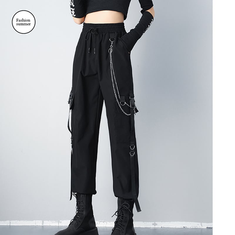 [AZE Series] ★Casual Pants★ Pants with Chains Bottoms Black Black Autumn Clothes Easy to Match and Slimming