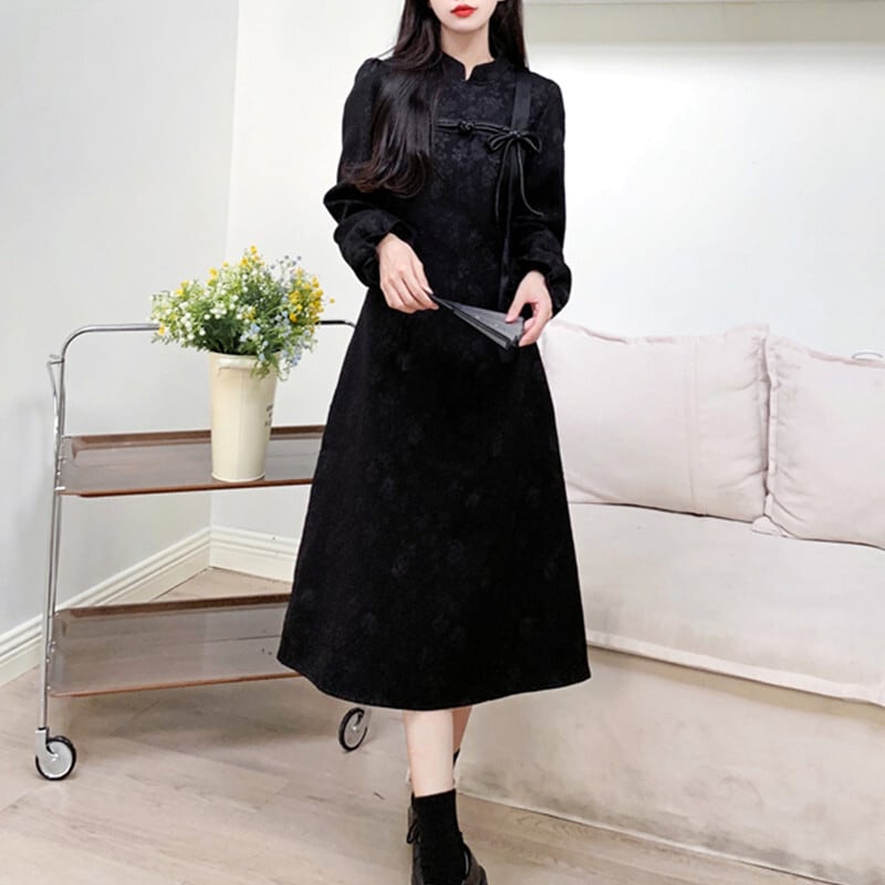 [Dong Xiaojie Series] ★Chinese style dress★ Large size Chinese clothing Black Black Cute Improved cheongsam dress