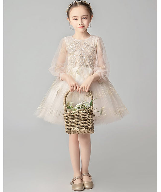 Children's Dress, Children's Dress, Kids' Dress, Junior, Formal, Piano Recital, Wedding, Kindergarten Ceremony, Graduation Ceremony, Children's Clothes, Girls, Knee Length Dress, Children's Dress, Round Neck, 3/4 Sleeve, Gold, Hanado