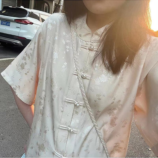 [Sakura and Bone Series]★China-style shirt★ Tops, floral pattern, improved Chinese clothes, original, improves temperament, beige