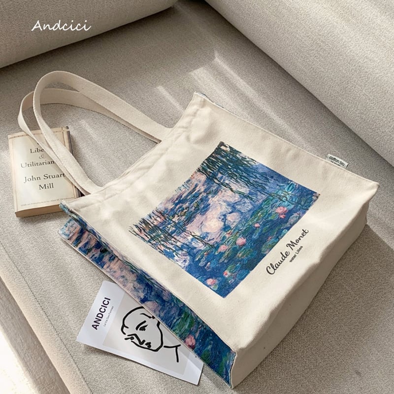 [Andcici Series] ★Bag★ Large capacity oil painting style campus bag for commuting to work or school, date, casual, blue, blue