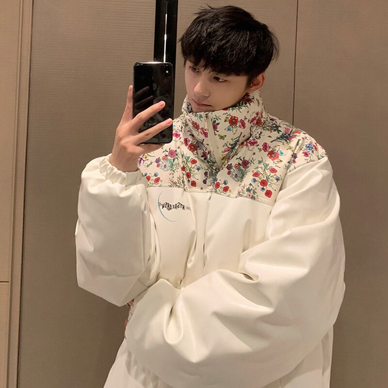 [High Series] ★Winter Coat★ 2color Thick Warm Unisex Men's Floral Pattern Outerwear Switching White Black