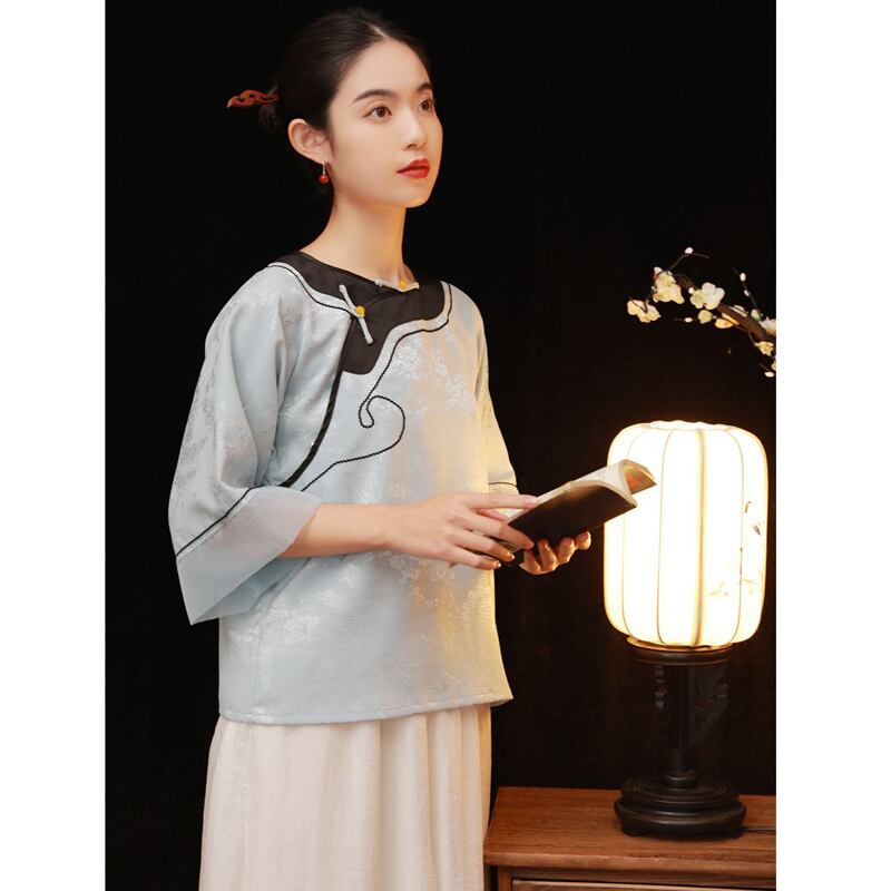 [Chaiyuan Series] ★Chinese style tops★ Shirt Improves temperament Improved Tang suit Thin Republic style Blue Blue Summer clothes