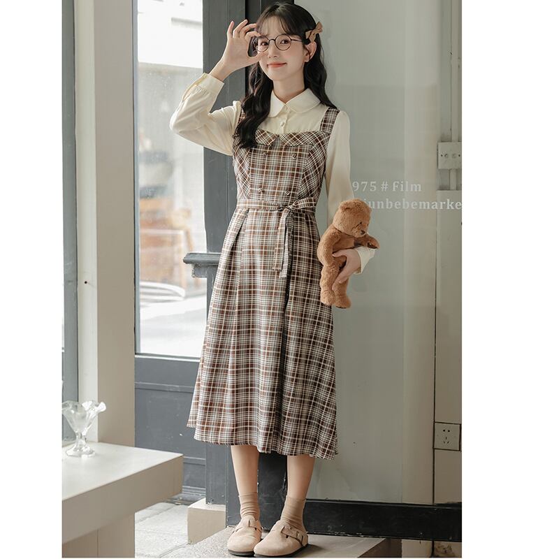 [MEIYI Series] ★One Piece★ Women's Plaid Fake Layered Commuting Date Cute