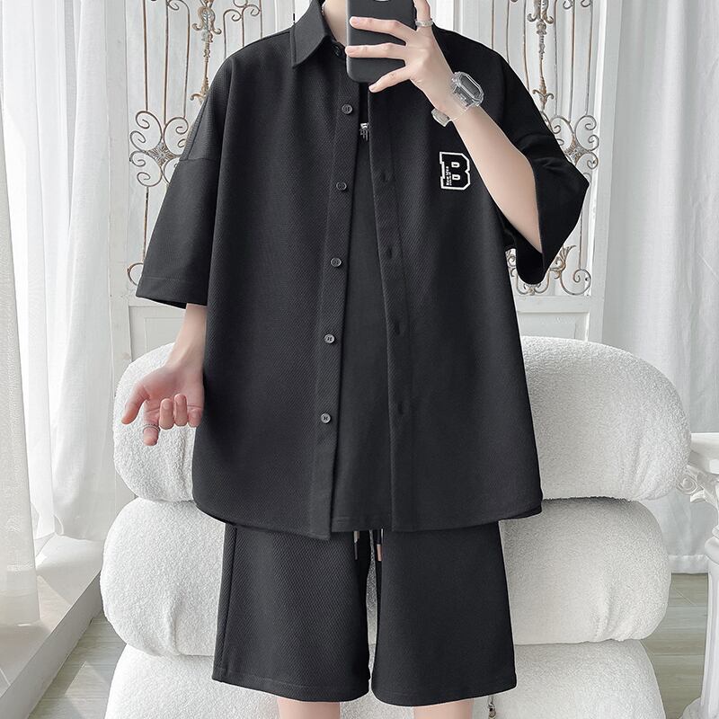 [BIGEMAN Series]★Setup★ Shirt + Shorts 2color Top and Bottom Set Unisex Men's Large Size Gray Black