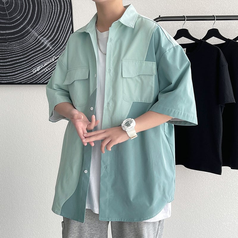 [BIGEMAN Series]★Shirt★ Tops 2color Unisex Men's Large Size Color Scheme Short Sleeve Shirt White Green