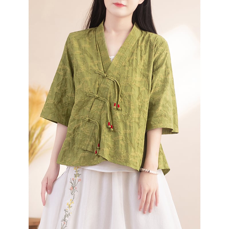 [Qing series] ★China style tops★ Shirt 3color cotton linen V neck literary style blue green beige