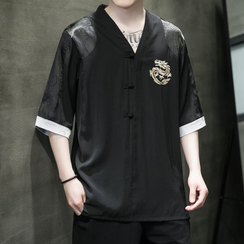 [JUNYI Series]★China style T-shirt★ Tops 2color Unisex Men's Large Size Embroidery Thin Dragon