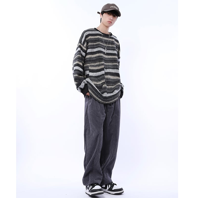 [MGJM Series]★Knit tops★ 2color horizontal striped striped pattern retro unisex men's women's Harajuku style easy to match