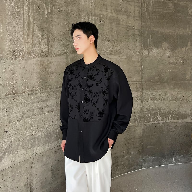 [Illustrated series] ★China style shirt★ 2color tops unisex men's black red floral pattern switching