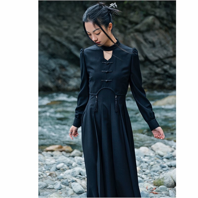 [Big Blue Dragon Series] ★China style dress★ Faux layered retro black black design