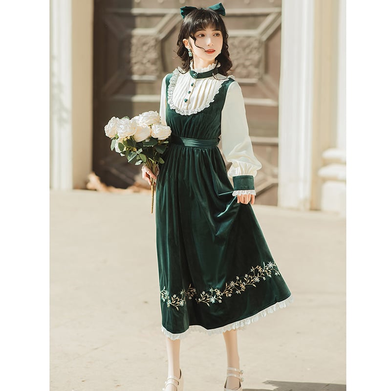 [Nan Kemu Series] ★One Piece★ Long Length Velvet Embroidery Women's Commuting Date Green Green SML XL