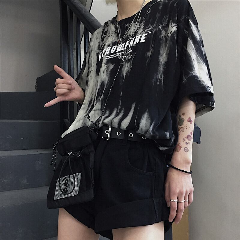 [Demon King Series]★T-shirt★ Tops Printed Ins Style Retro Loose Alphabet Short Sleeve Black Black