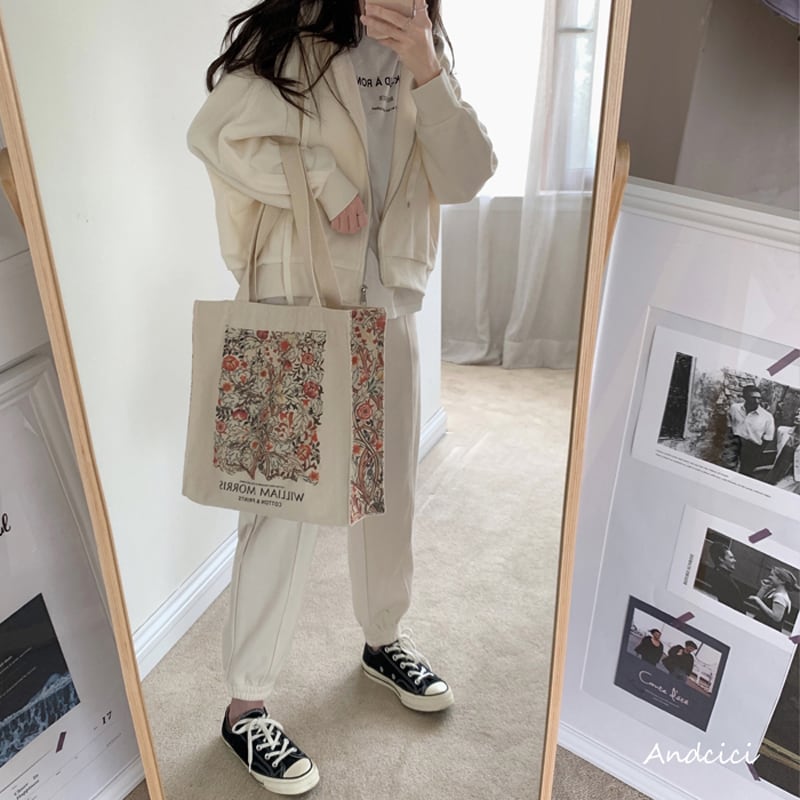 [Andcici Series]★Bag★ Tote bag, canvas bag, large capacity, date, floral pattern, oil painting style, commuting to work or school, beige, cute