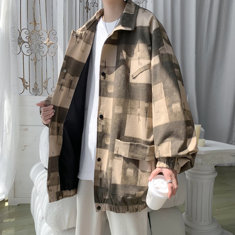 [Hyakuyakuge series] ★Jacket★ 3color outerwear unisex men's plaid pattern brown gray wine red