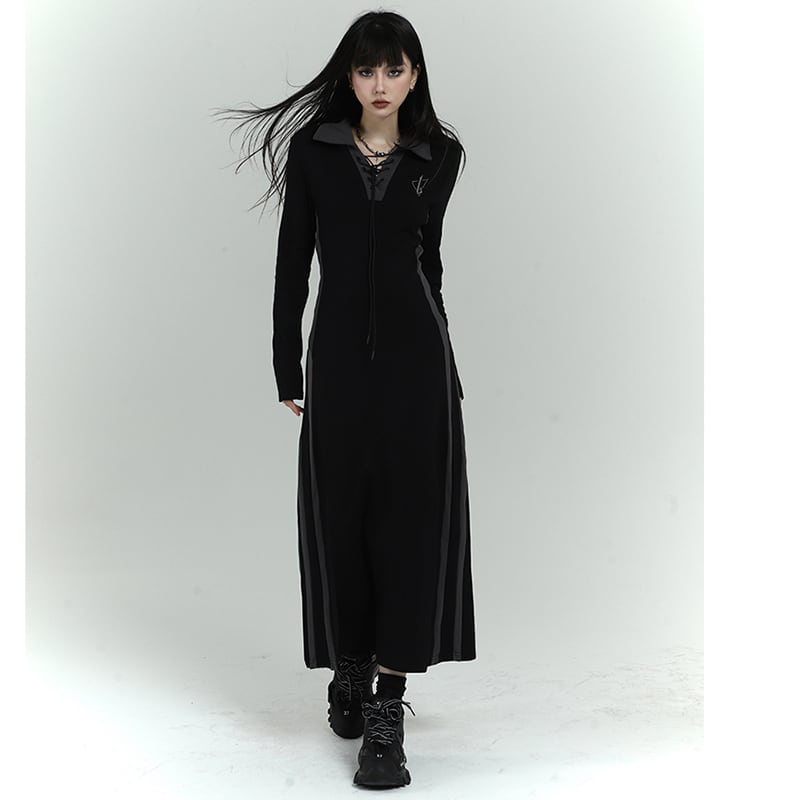 【LadyGhostシリーズ】★ワンピース★ ドレス POLOネック 着痩せ ロング丈ワンピース 可愛い S M L ブラック 黒い