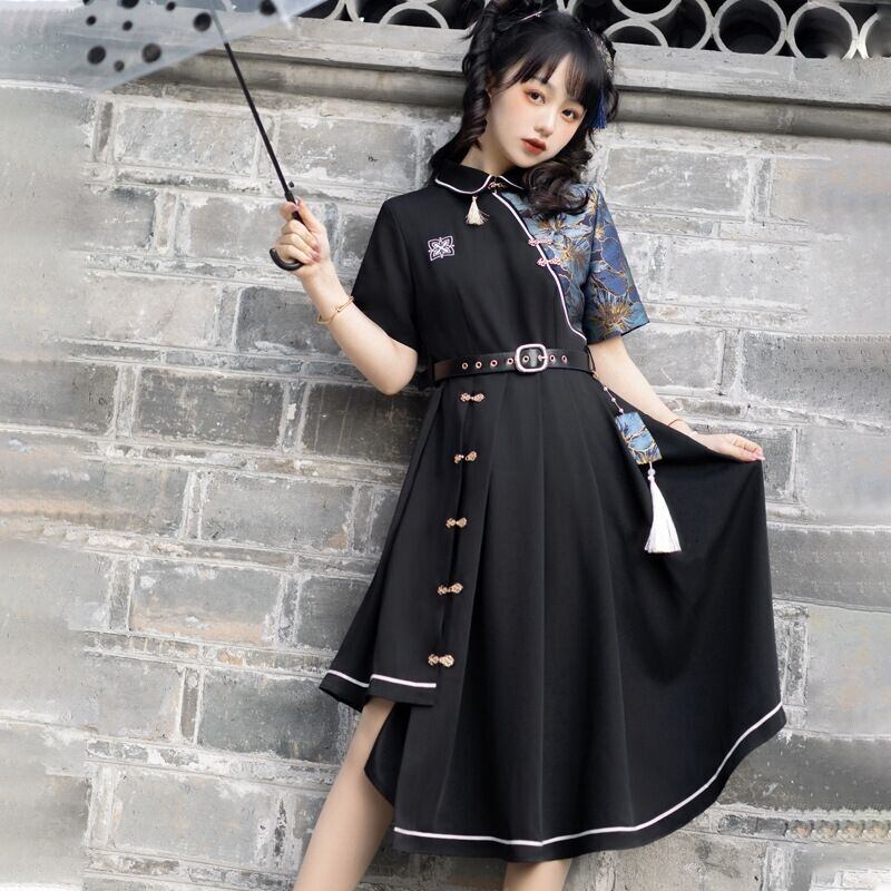 [Dust Smoke Cloud Dream --- Nightless Castle Series] ★China style dress★ Switching floral pattern black black irregular short sleeve SML original