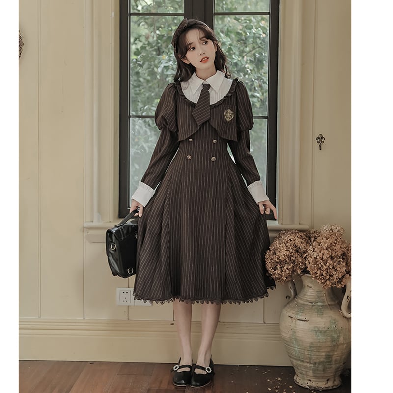 [GOODMORING Series]★Dress with tie★ Faux layered long sleeve dress Cute vertical striped striped pattern