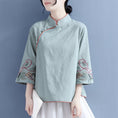 Load image into Gallery viewer, [Qing Series]★Chinese style tops★ 4 colors, floral pattern, 3/4 sleeves, cotton linen, white, blue-green, pink, yellow, Chinese clothing, improved Tang clothing
