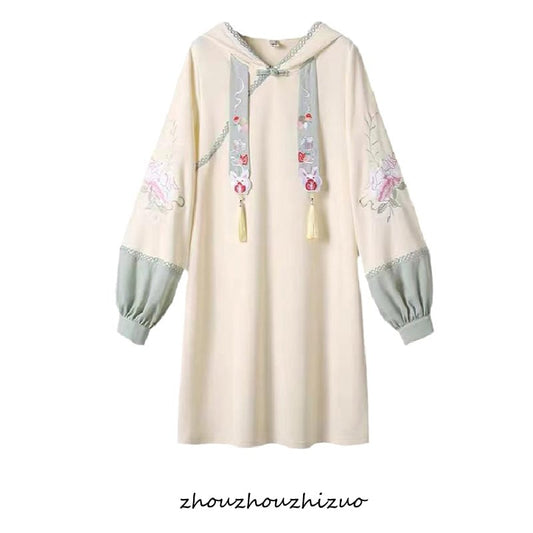 [Only Cats Series] Chinese-style dress, hoodie dress, embroidery, long sleeves, cute, beige, Chinese clothing