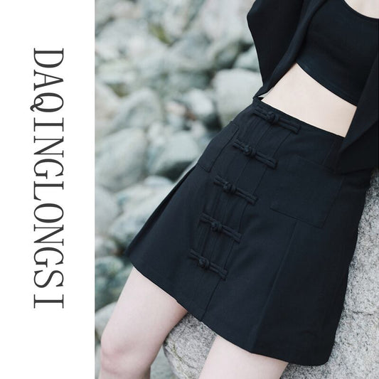 [Daiseiryusu Series] ★China Style Skirt★ Mini Skirt Sexy China Button Simple Black Black