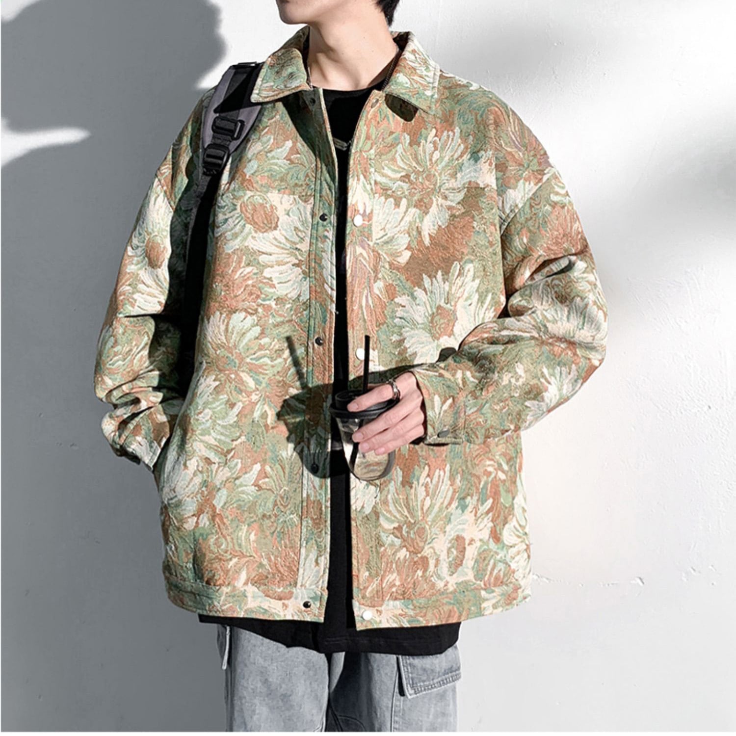 [KADISHOU Series] ★Jacket★ Outerwear 2color Oil Painting Style Floral Pattern Unisex Men's Large Size Blue Green