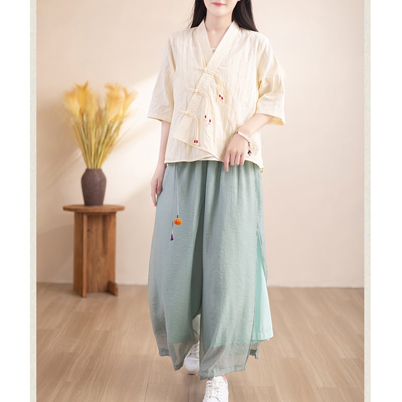 [Qing series] ★China style tops★ Shirt 3color cotton linen V neck literary style blue green beige